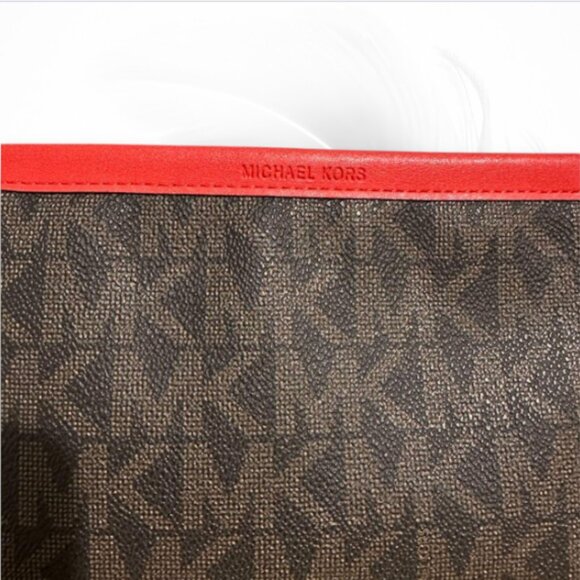 Michael Kors Brown Monogram Canvas Crossbody Bag with Red Leather Trim - Picture 4 of 8
